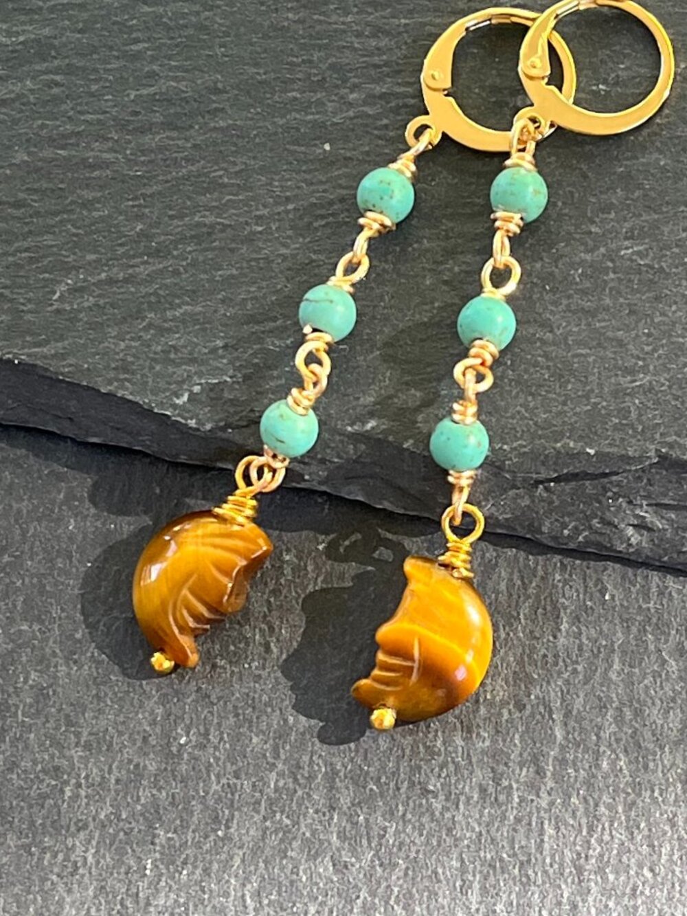 Carved Tiger's Eye Moon Dangle Earrings | Turquoise Howlite Boho Earrings